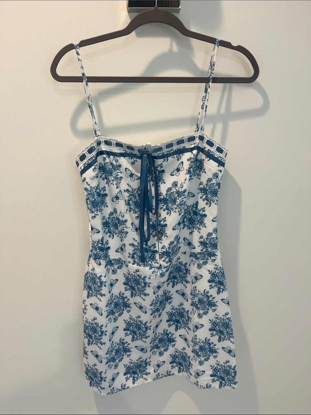 Blue Floral Printed Mini Dress with Spaghetti Straps